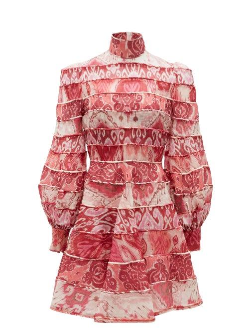 Matchesfashion.com Zimmermann - Wavelength Tiered Linen-blend Mini Dress - Womens - Pink Multi