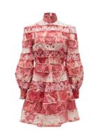 Matchesfashion.com Zimmermann - Wavelength Tiered Linen-blend Mini Dress - Womens - Pink Multi