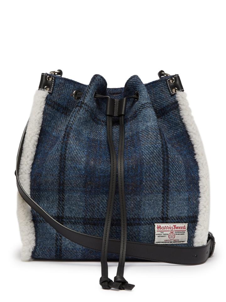 Jw Anderson Drawstring Shearling-trim Harris Tweed Bucket Bag