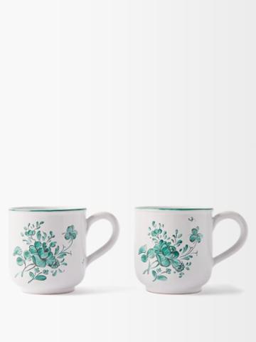 Zdg - Set Of Two Camaieu Floral Faience Tea Cups - Womens - White Green