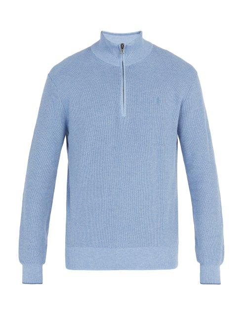 Matchesfashion.com Polo Ralph Lauren - Logo Embroidered Half Zip Pima Cotton Sweater - Mens - Light Blue