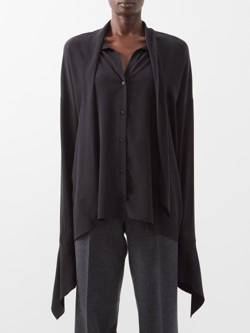 Raey - Square Cuff Sandwashed Organic Silk Pussybow Top - Womens - Black