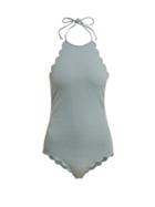 Matchesfashion.com Marysia - Mott Scallop Edged Halterneck Swimsuit - Womens - Blue