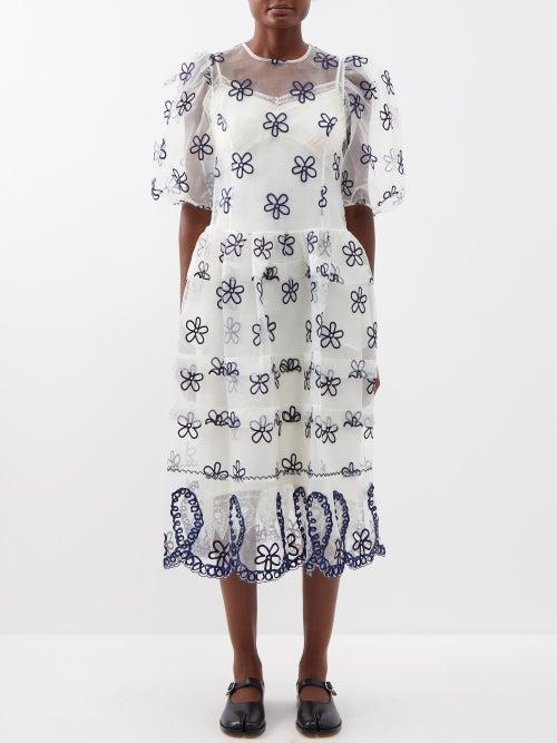 Simone Rocha - Puff-sleeved Floral-embroidered Organza Dress - Womens - Ivory Navy