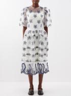 Simone Rocha - Puff-sleeved Floral-embroidered Organza Dress - Womens - Ivory Navy
