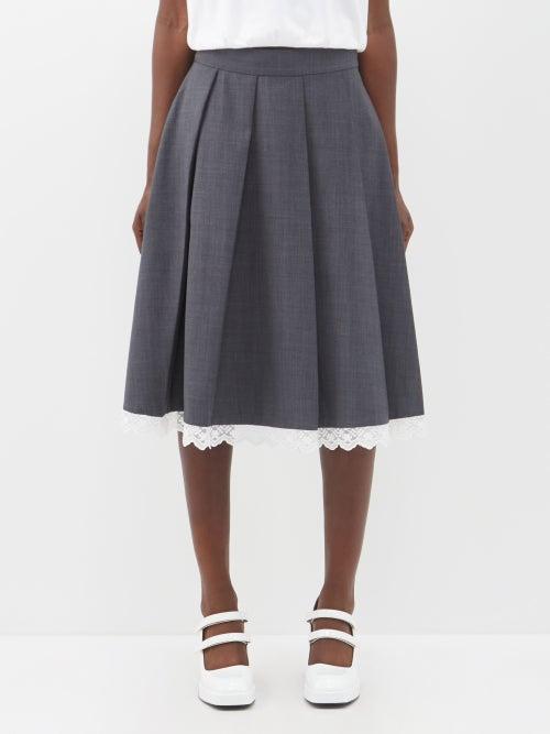 Shushu/tong - Lace-trimmed Pleated Midi Skirt - Womens - Grey White