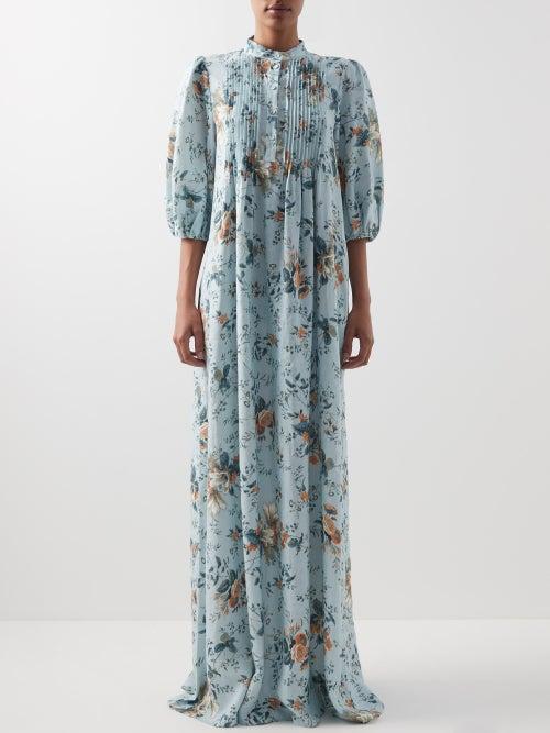 Erdem - Vacation Mustique Floral Linen Maxi Dress - Womens - Blue Print
