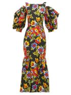 Matchesfashion.com Carolina Herrera - Puff-sleeve Floral-print Cotton-blend Faille Dress - Womens - Black Multi