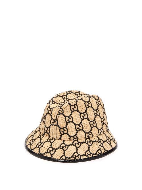 Matchesfashion.com Gucci - Gg Logo Snakeskin Trim Raffia Bucket Hat - Womens - Black