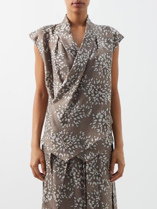 Brunello Cucinelli - Abstract-print Surplice-neck Silk-poplin Blouse - Womens - Brown Multi