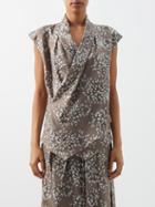Brunello Cucinelli - Abstract-print Surplice-neck Silk-poplin Blouse - Womens - Brown Multi