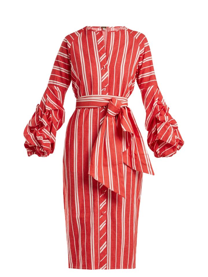 Johanna Ortiz Striped Balloon-sleeve Linen Dress