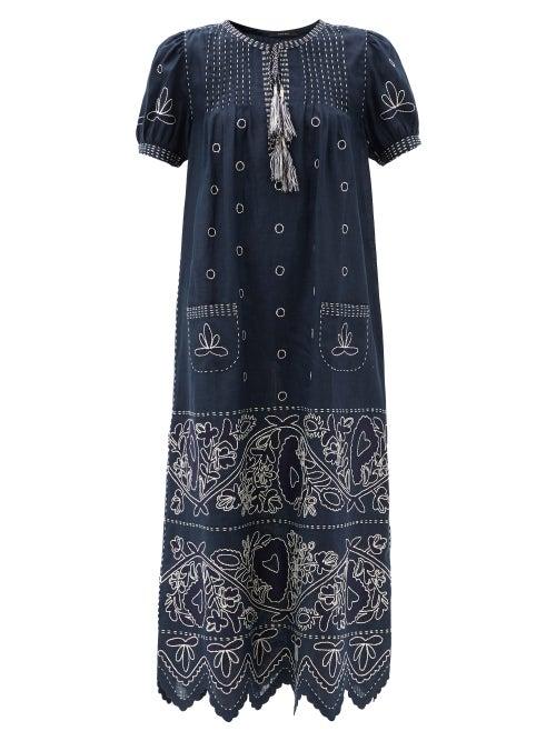 Matchesfashion.com Vita Kin - Rushka Embroidered Linen Dress - Womens - Navy White