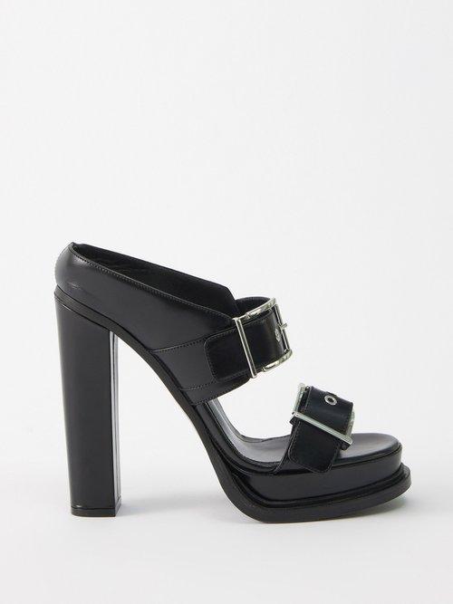 Alexander Mcqueen - Buckled Leather Platform Sandals - Womens - Black Silver