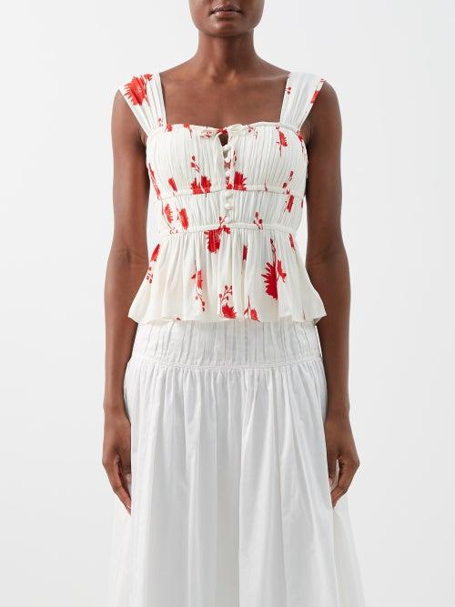 Self-portrait - Wild Daisy-print Crepe Top - Womens - White Print