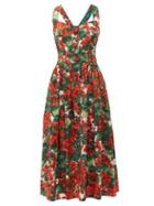 Matchesfashion.com Dolce & Gabbana - Geranium Print Cotton Poplin Midi Dress - Womens - Red Multi