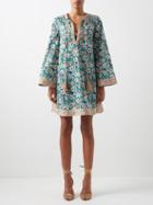 Gucci - Lace-trimmed Floral-print Cotton Dress - Womens - Blue Multi