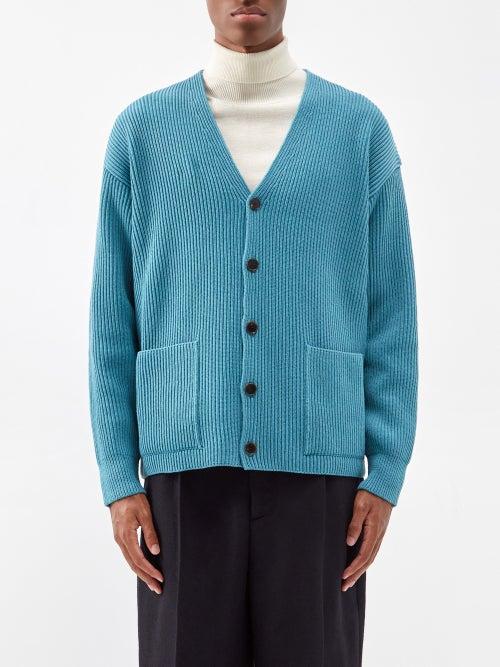 Auralee - Patch-pocket Ribbed-wool Cardigan - Mens - Blue