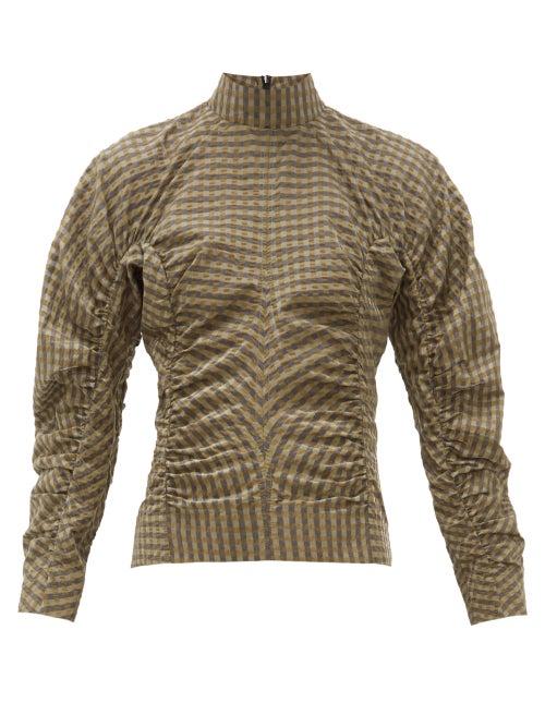 Matchesfashion.com Ganni - Ruched Gingham-seersucker Top - Womens - Khaki