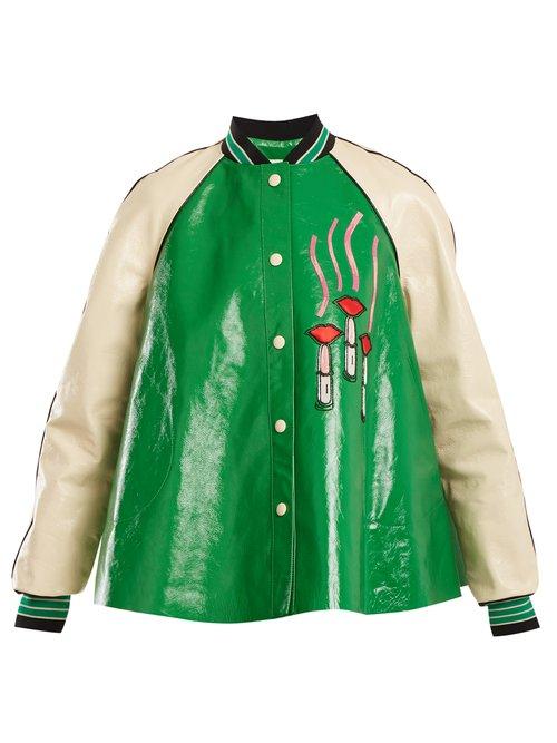 Matchesfashion.com Valentino - Lipstick Appliqu Contrast Sleeve Leather Jacket - Womens - Green Multi