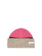 Matchesfashion.com Ganni - Stitched Logo Ribbed Wool Blend Beanie - Womens - Pink Multi