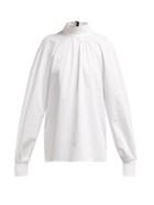 Matchesfashion.com Tibi - High Neck Cotton Poplin Blouse - Womens - White