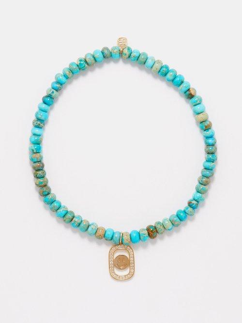 Sydney Evan - Happy Face Diamond, Turquoise & 14kt Gold Bracelet - Mens - Light Turquoise