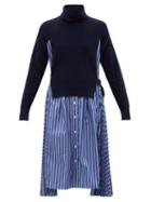 Sacai - Roll-neck Striped Wool And Cotton Dress - Womens - Navy Stripe