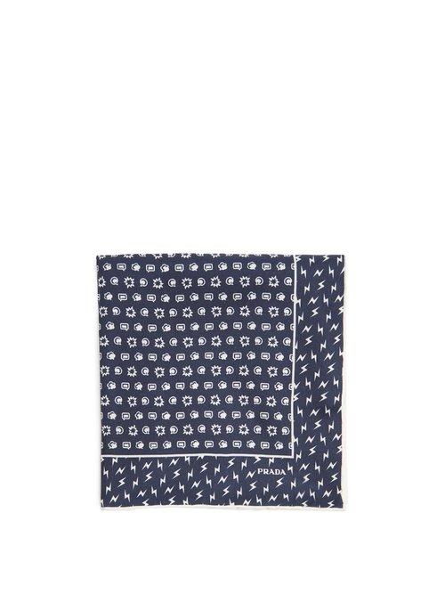 Matchesfashion.com Prada - Lightning Bolt Print Silk Twill Pocket Square - Mens - Navy Multi