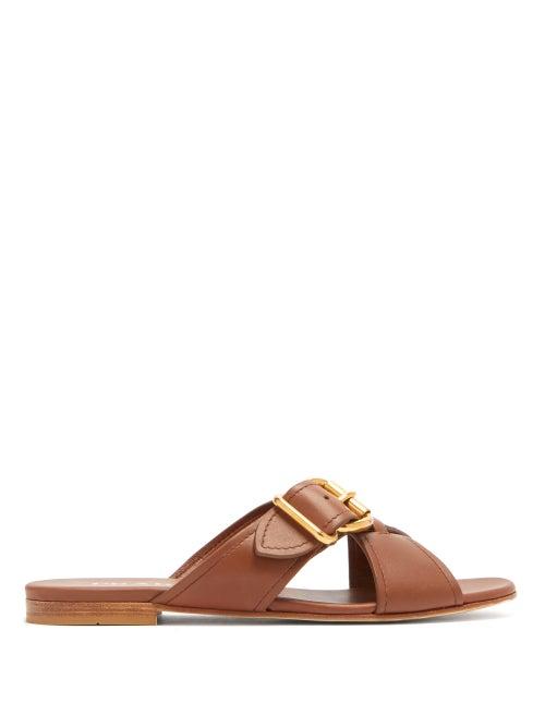 Matchesfashion.com Prada - Buckled Cross Over Leather Slides - Womens - Tan