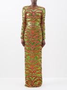 Halpern - Tiger-print Backless Sequinned Gown - Womens - Orange Green