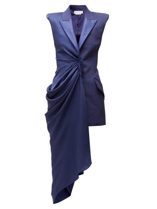 Matchesfashion.com Alexander Mcqueen - Asymmetric Single Breasted Longline Wool Jacket - Womens - Dark Blue