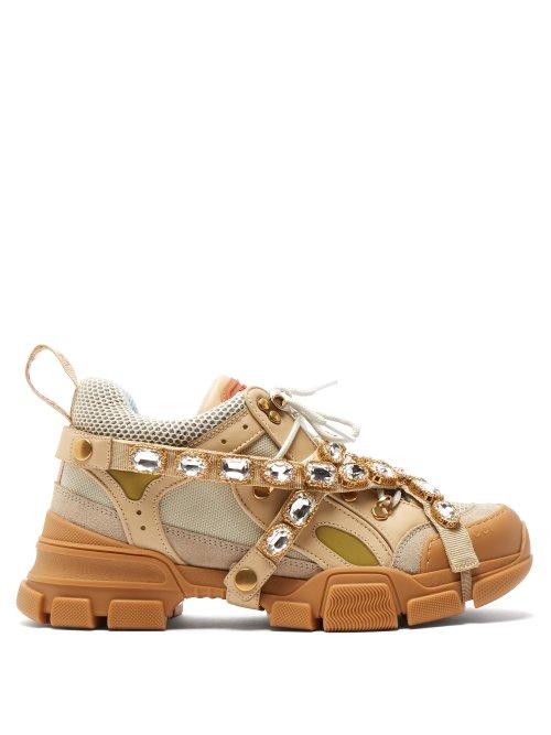 Matchesfashion.com Gucci - Flashtrek Crystal Embellished Low Top Trainers - Womens - Beige