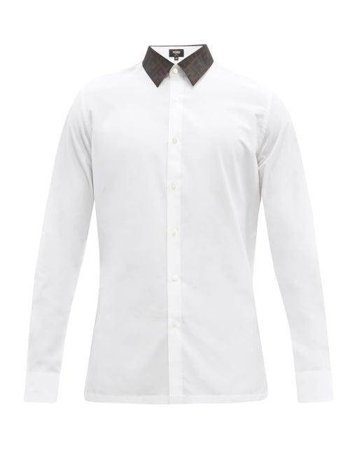 Mens Rtw Fendi - Ff-logo Jacquard Collar Cotton-poplin Shirt - Mens - White