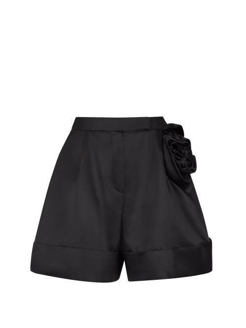 Simone Rocha - Rose-appliqu Satin Shorts - Womens - Black