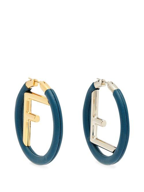 Matchesfashion.com Fendi - Logo Leather Hoop Earrings - Womens - Blue