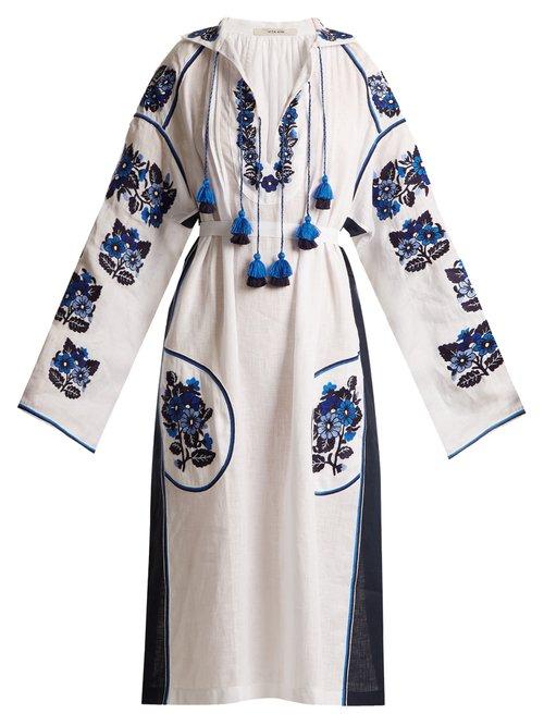 Matchesfashion.com Vita Kin - Pressed Flower Embroidered Mid Weight Linen Dress - Womens - White Navy