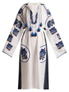 Matchesfashion.com Vita Kin - Pressed Flower Embroidered Mid Weight Linen Dress - Womens - White Navy