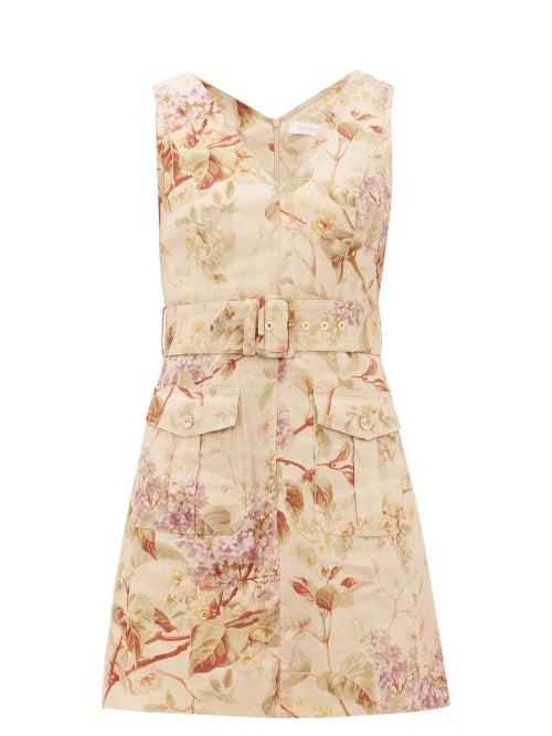 Matchesfashion.com Zimmermann - Sabotage Floral Print Linen Mini Dress - Womens - Cream Print