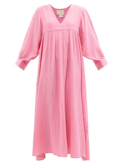 Ladies Beachwear Anaak - Ajmer V-neck Cotton-muslin Midi Dress - Womens - Pink