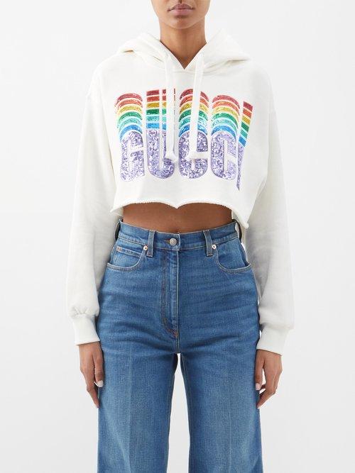 Gucci - Sequin-logo Cotton-jersey Hooded Sweatshirt - Womens - White Multi