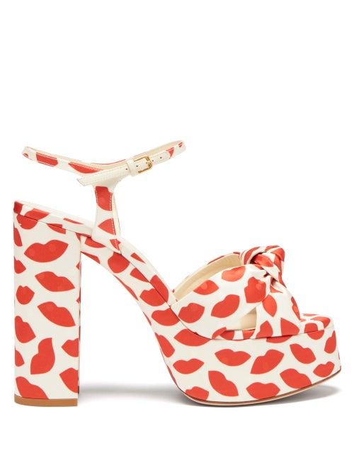Ladies Shoes Saint Laurent - Bianca Knotted Lip-print Platform Sandals - Womens - Red White