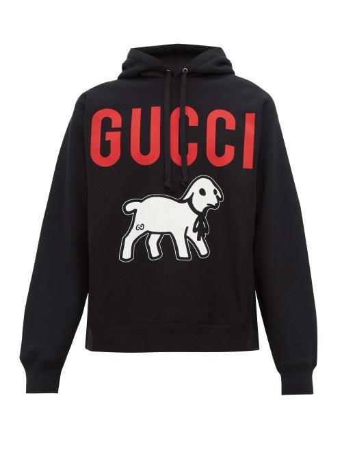 Matchesfashion.com Gucci - Lamb Print Cotton Hooded Sweatshirt - Mens - Black