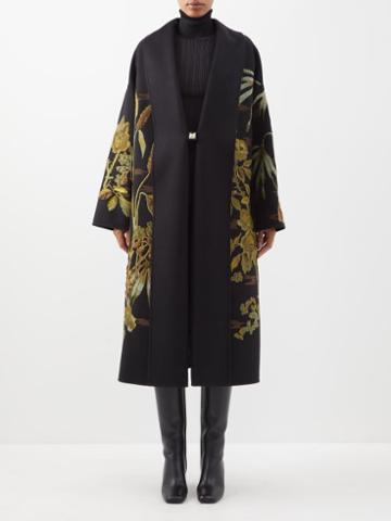 Valentino - Floral-embroidered Wool-blend Coat - Womens - 01bk
