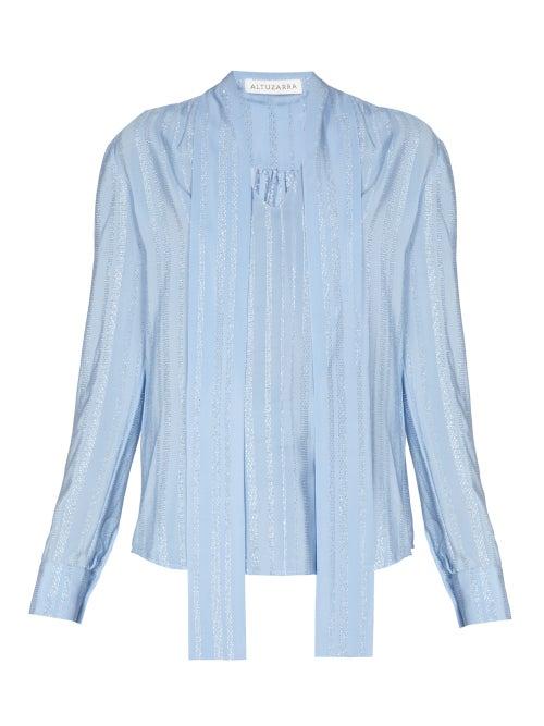 Matchesfashion.com Altuzarra - Visage Neck Tie Silk Blend Crepe Blouse - Womens - Light Blue