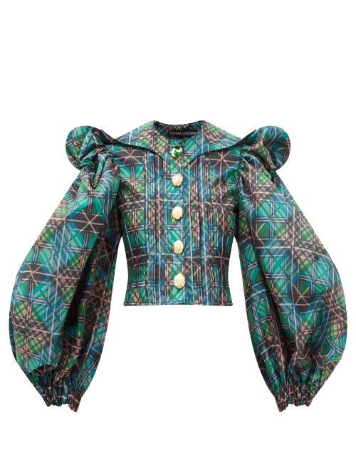 Matchesfashion.com Chopova Lowena - Puff-sleeve Checked Deadstock-taffeta Blouse - Womens - Green Multi