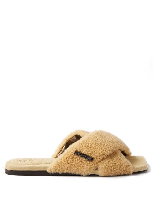 Brunello Cucinelli - Monili-tab Square-toe Shearling Slides - Womens - Yellow