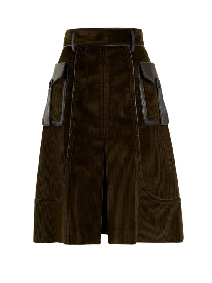 Prada Slit-front Leather-trimmed Cotton-corduroy Skirt