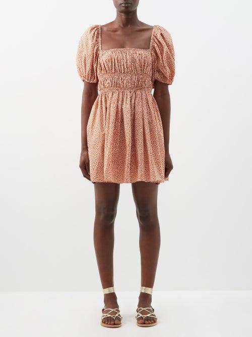 Matteau - Puff-sleeve Floral-print Organic-cotton Mini Dress - Womens - Orange Print