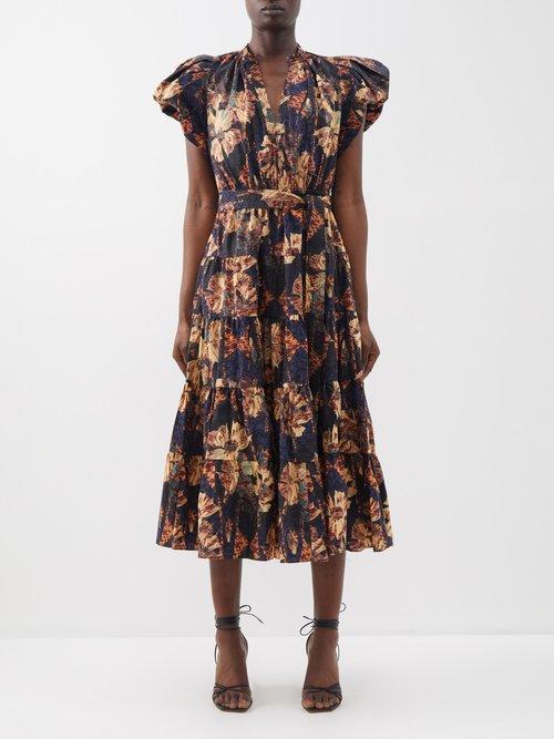 Ulla Johnson - Ottilie Floral-print Cotton-poplin Midi Dress - Womens - Black Multi